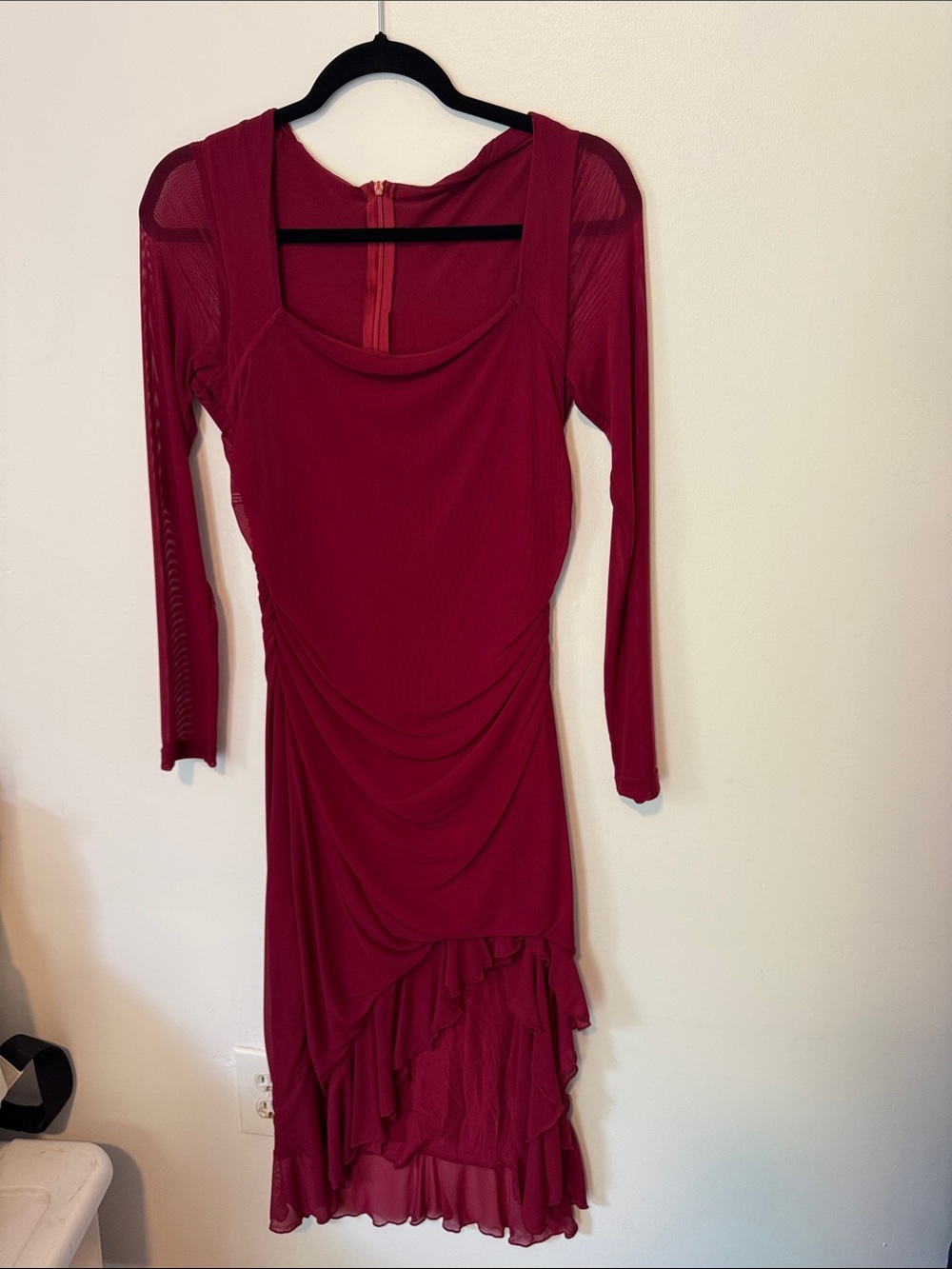 Amazon Burgundy Long Sleeve Ruched Ruffle Dress